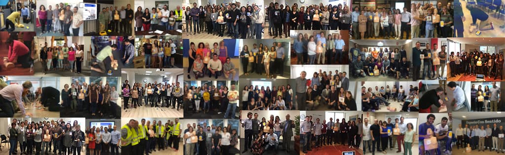 Mosaico de fotografías de grupos que han hecho la formación en RCP y uso de DEA